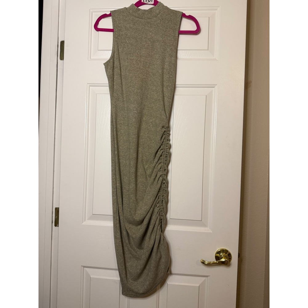 Willow + Root Womens Small Heathered Beige Ruched Side Mock Neck Midi Dress